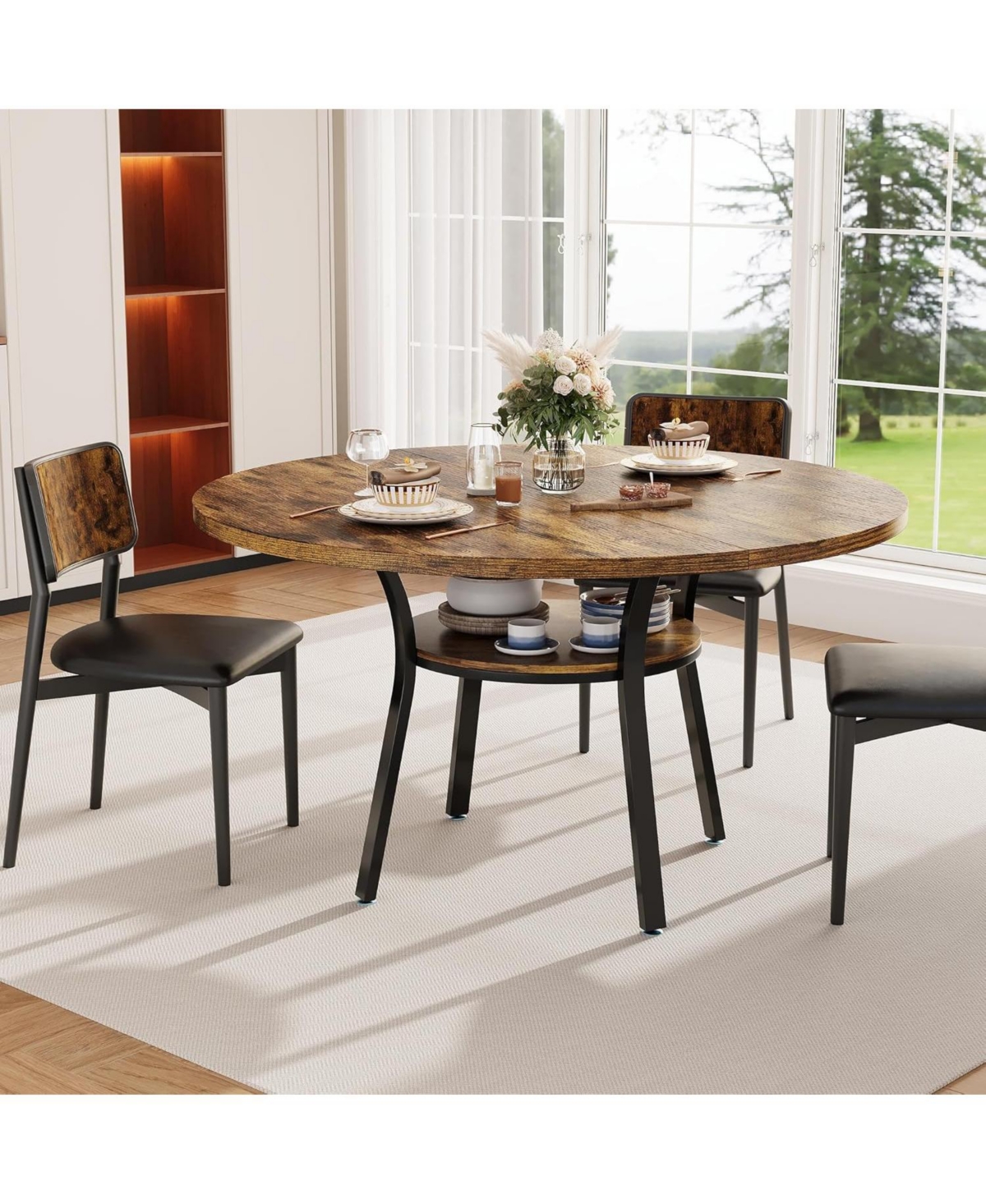 gaomon 47" Round Dining Table for 4-6, Sturdy Wood Top & Metal Base, Compact Small Spaces