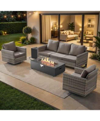 Outdoor Patio Furniture Set with Fire Pit Table, Rattan Wicker Swivel Rocker Chairs Sets with Swivel Glider Chair and Fire Pit Kit