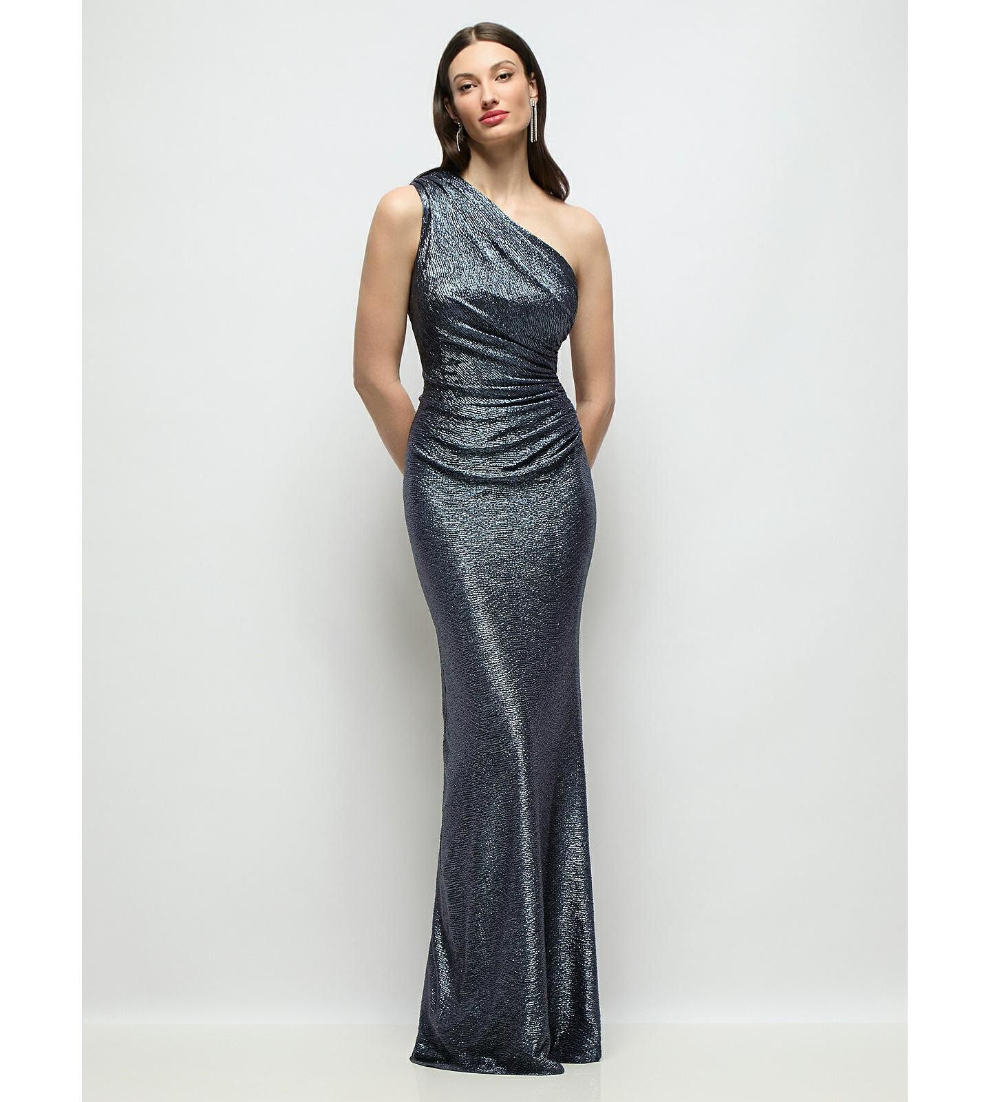 Женские платья After Six One-Shoulder Soho Metallic Ruched Waist Gown, цвет: Полуночный тёмно-синий — фото 1