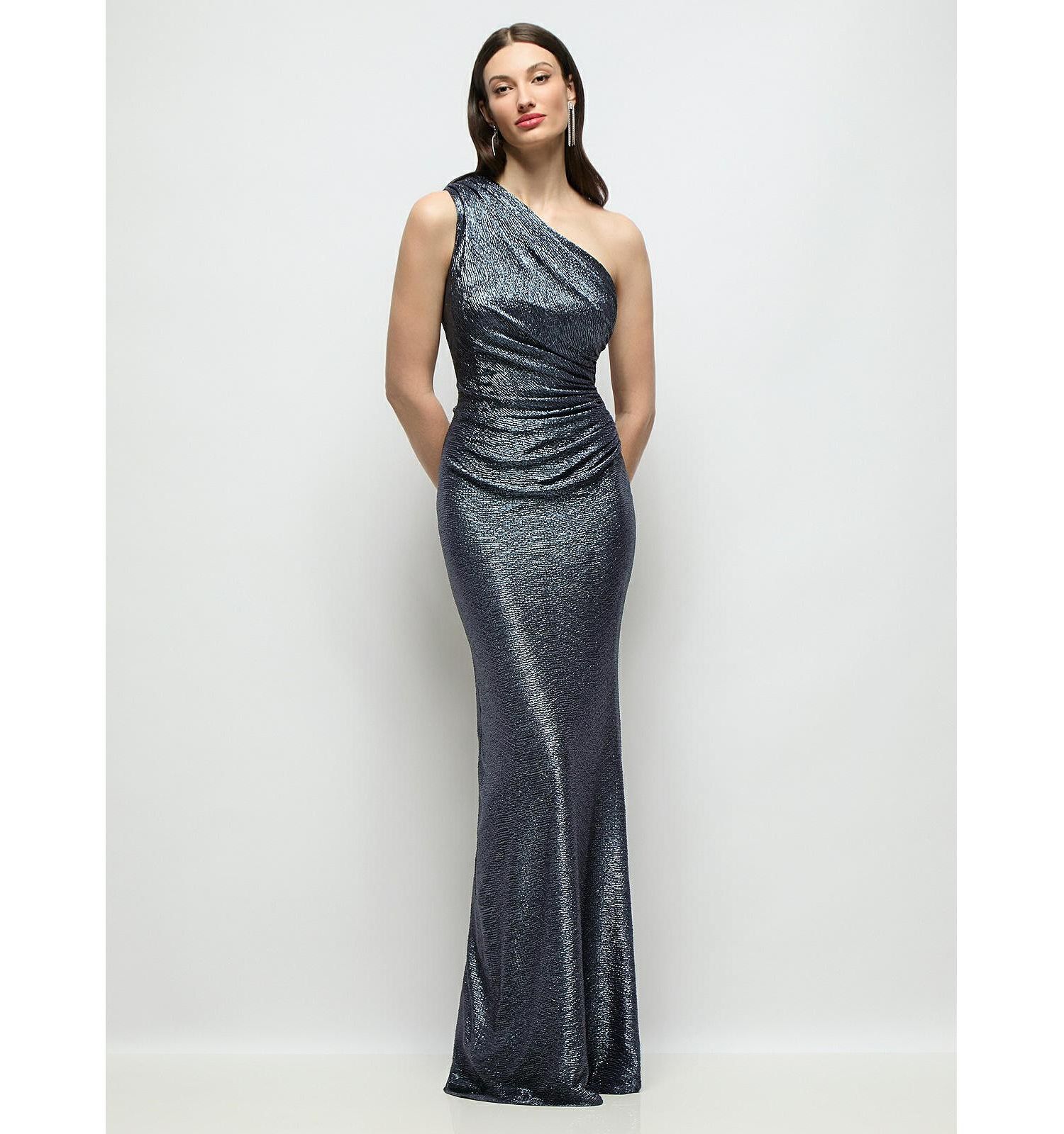 Women's One-Shoulder Soho Metallic Ruched Waist Gown