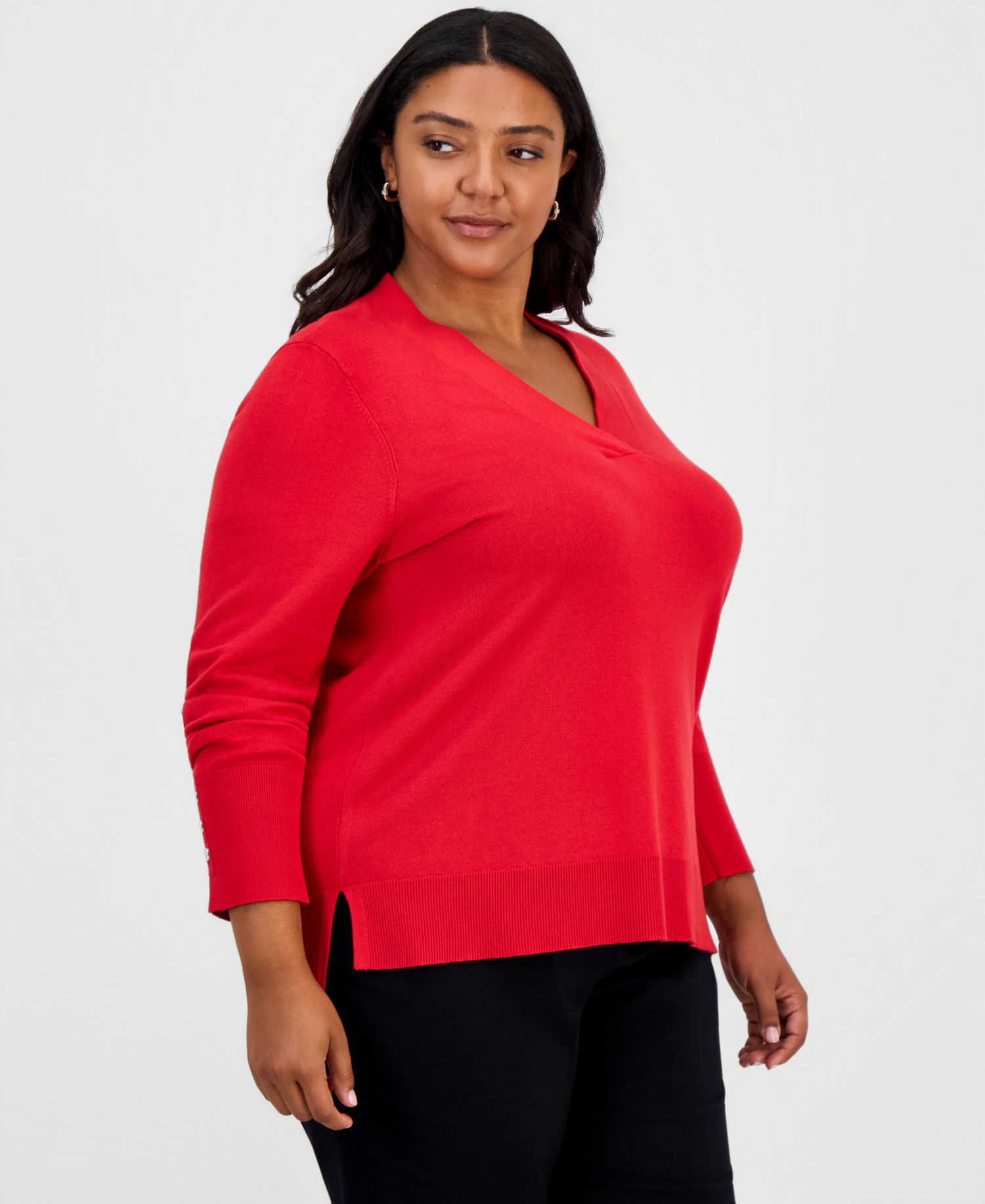 Plus Size High-Low Hem V-neck Sweater