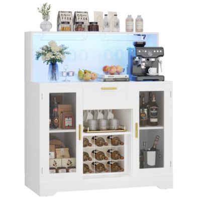Kitchen Wine Bar Cabinet with Wine Rack and Door, Buffet Table with Storage Drawer