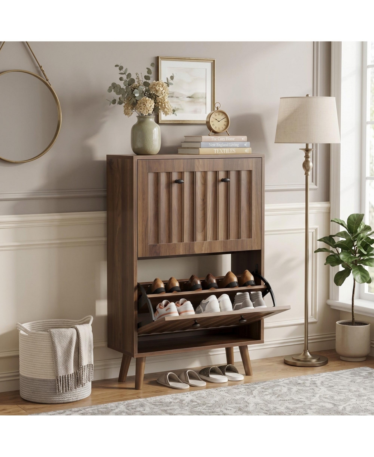 Sailvan Mid-Century Modern Shoe Cabinet, 23.6-Inch Vertical Grooved Upright Storage