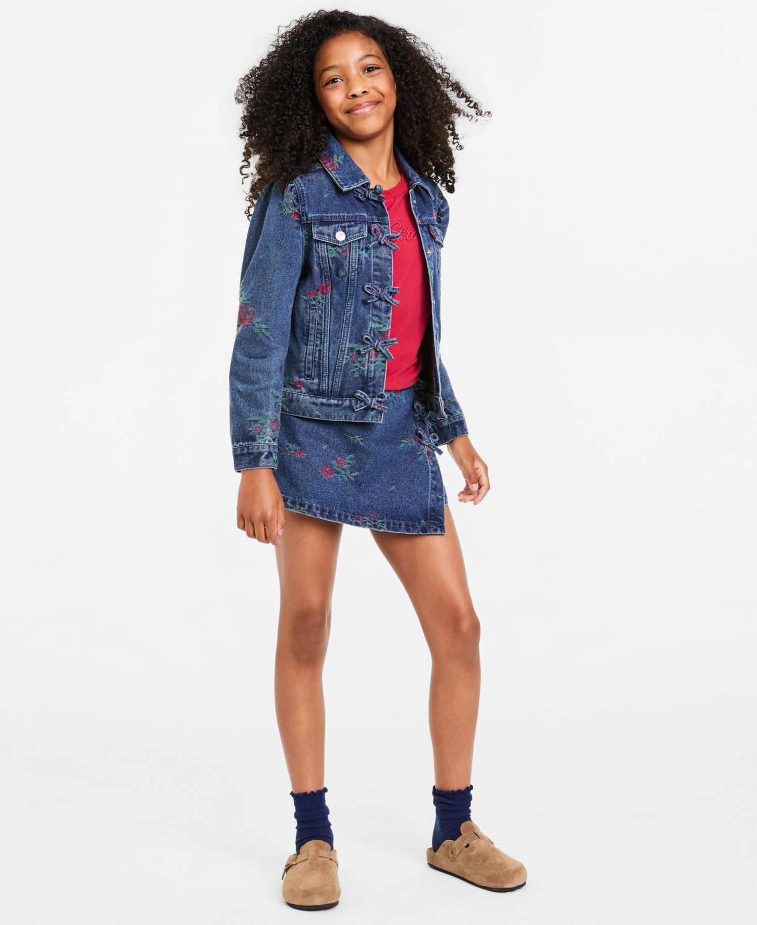 Girls' S-XL Floral Jacquard Trucker Jacket With Bows