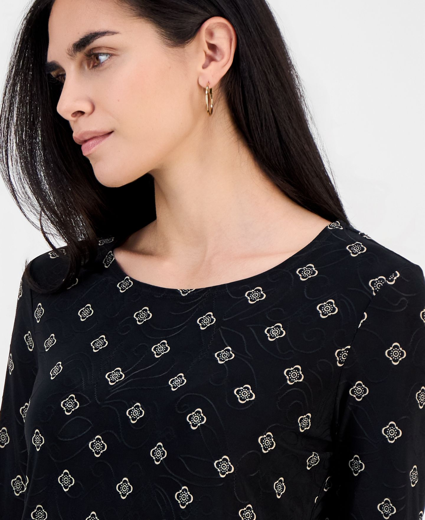 Женская футболка JM Collection Petite Sofia Tile 3/4-Sleeve Jacquard, цвет: Глубокий чёрный — фото 3