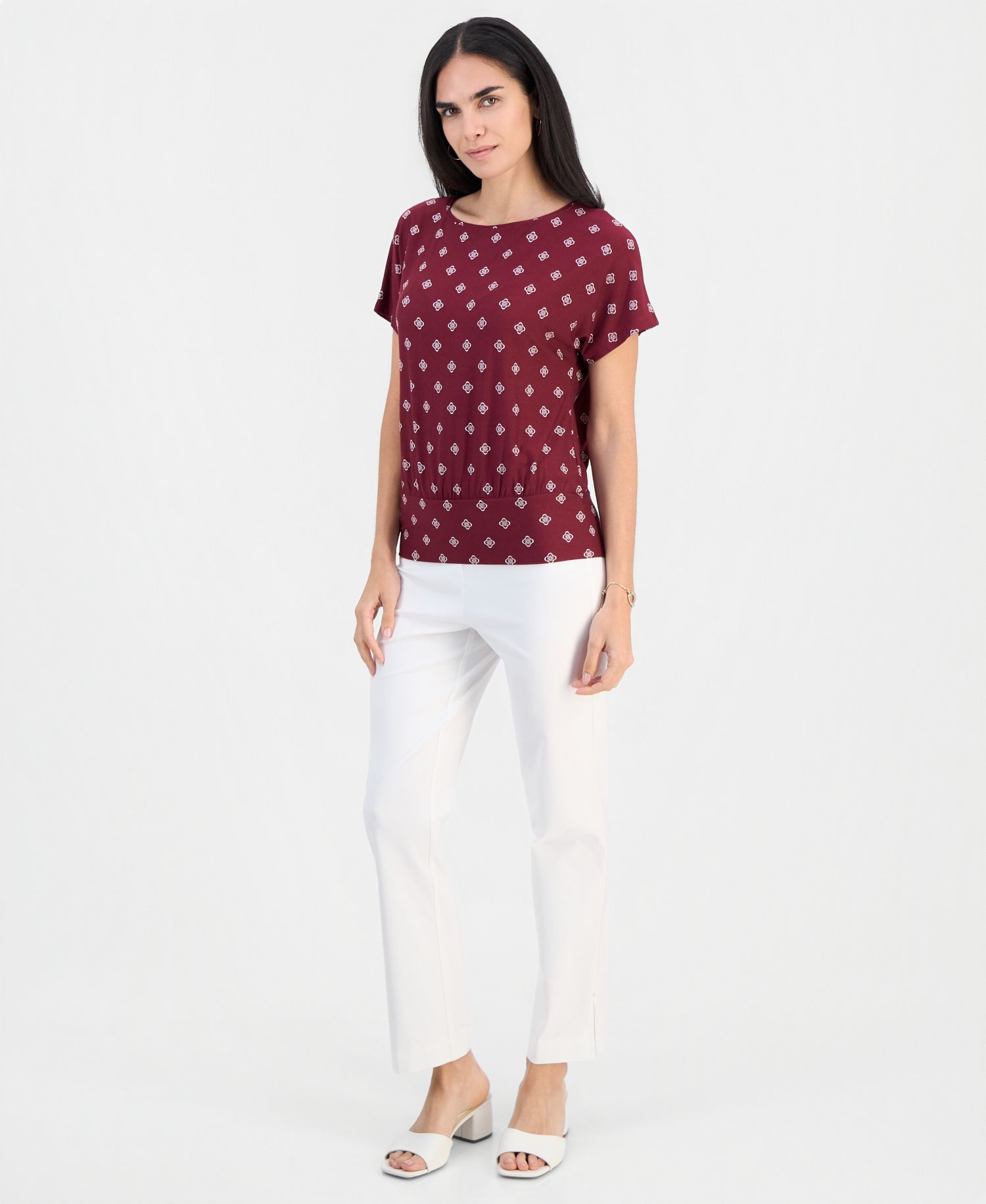 Petite Sofia Tile Banded-Hem Boat-Neck Top