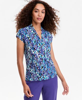 Women's Funnel-Neck Extended-Sleeve Print Blouse