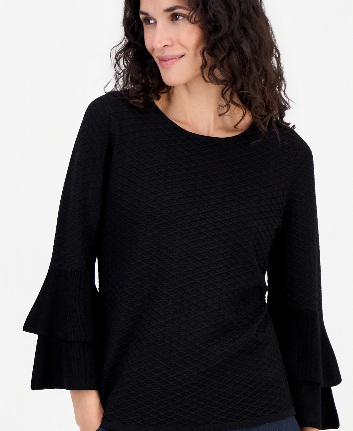 Kasper Petite Flare-Sleeve Boat Neck Textured-Stitch Sweater
