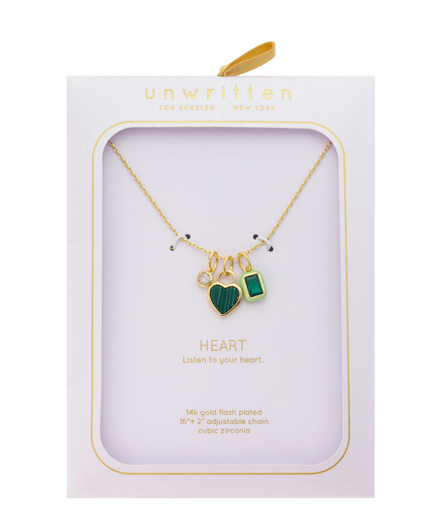 Cubic Zirconia Gold-Tone Plated Malachite Stone Cluster Charm Necklace