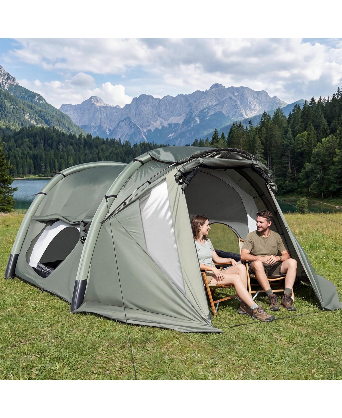 Costway Inflatable Camping Tent with Screened Porch, Mesh and Transparent Windows, Door