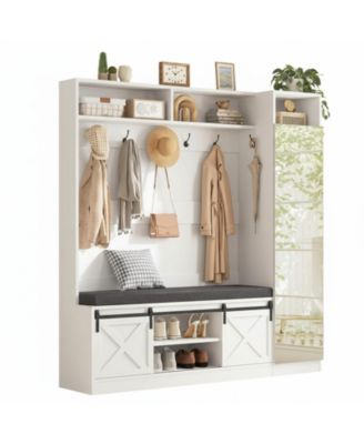 Hall Tree Bench Shoe Storage Coat Rack Farmhouse Barn Door 4in1 Cushioned Stool Hooks