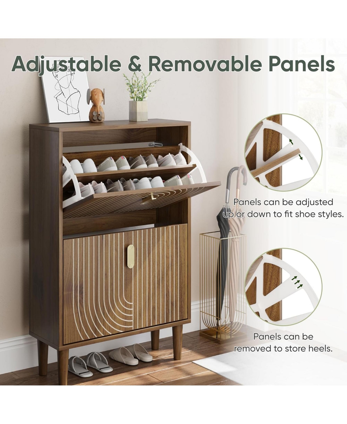 Rainsken Shoe Storage Cabinet, Walnut Hidden Shoe Rack with 2 Flip Drawers, Line Groove Design and Gold Handles for Entryway, Hallway and Living Room