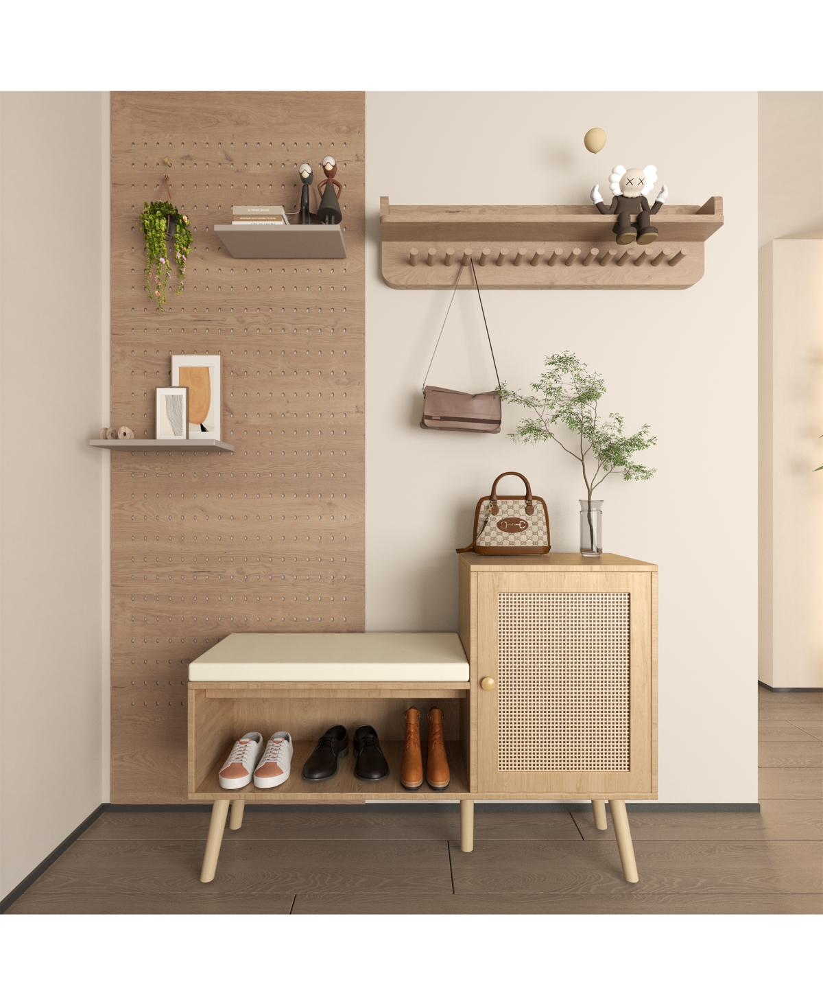 Rainsken 2-in-1 Shoe Storage Bench, Rattan Shoe Cabinet with Adjustable Shelves and Removable Seat Cushion, Hidden Shoe Rack Organizer for Entryway