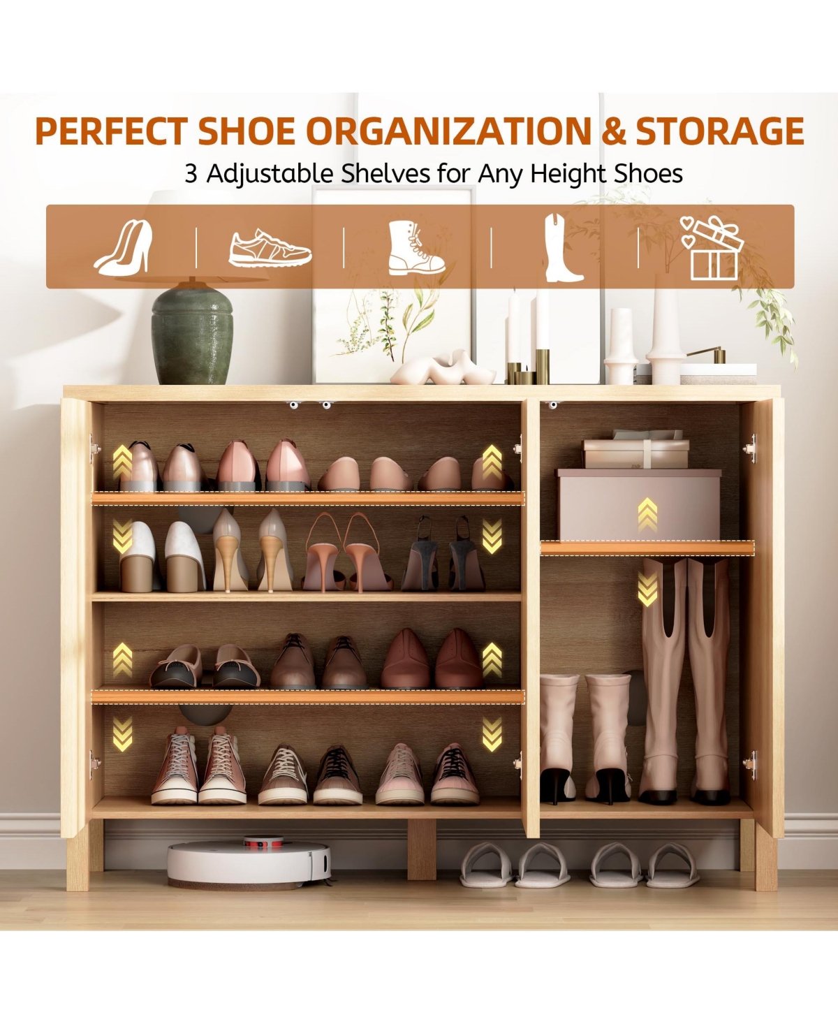 Yigii Fluted 3 Door Narrow Wooden Entryway Shoe Cabinet Storage