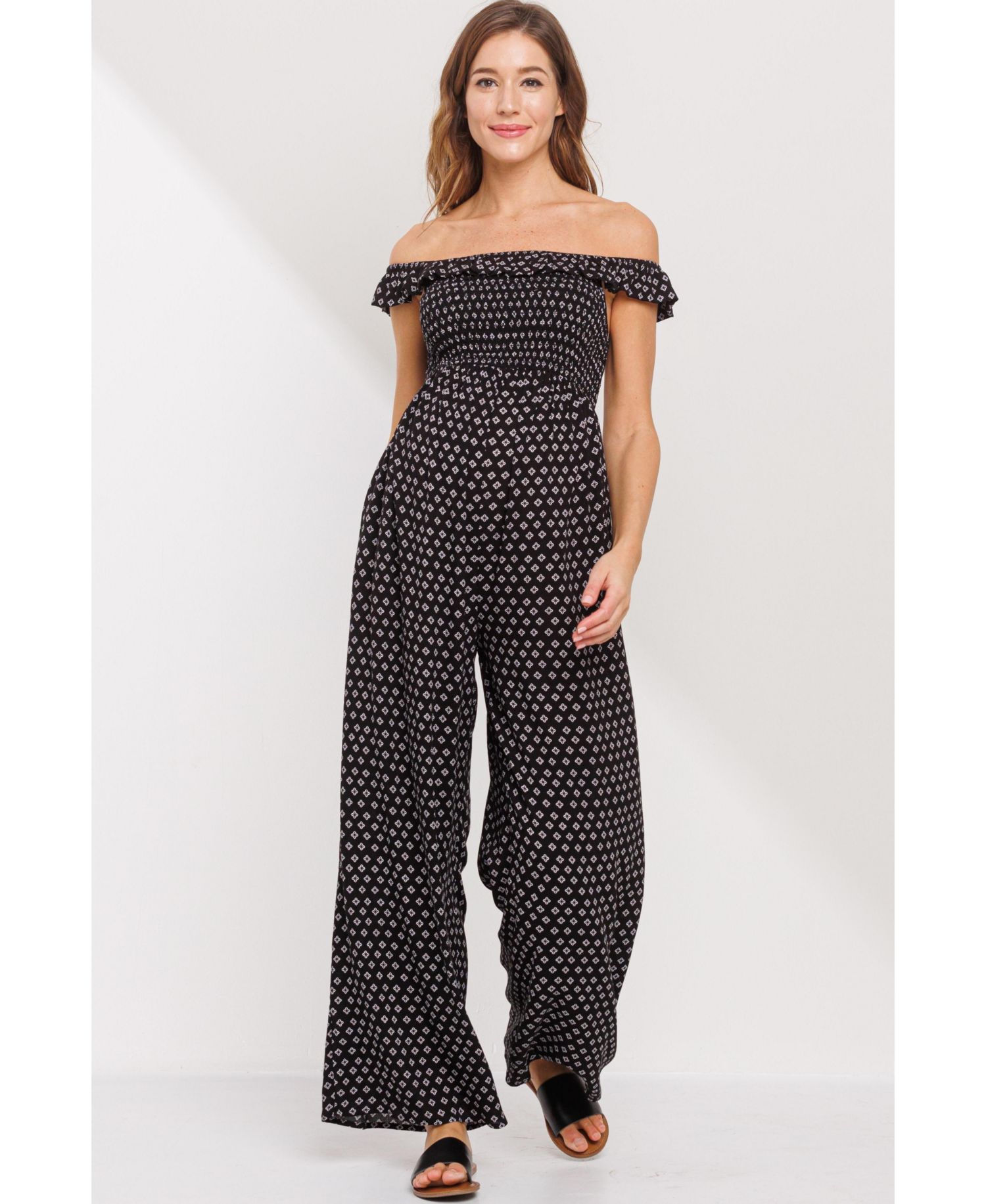 Maternity Smocked Wide Leg Off the Shoulder Jumpsuit with Pockets