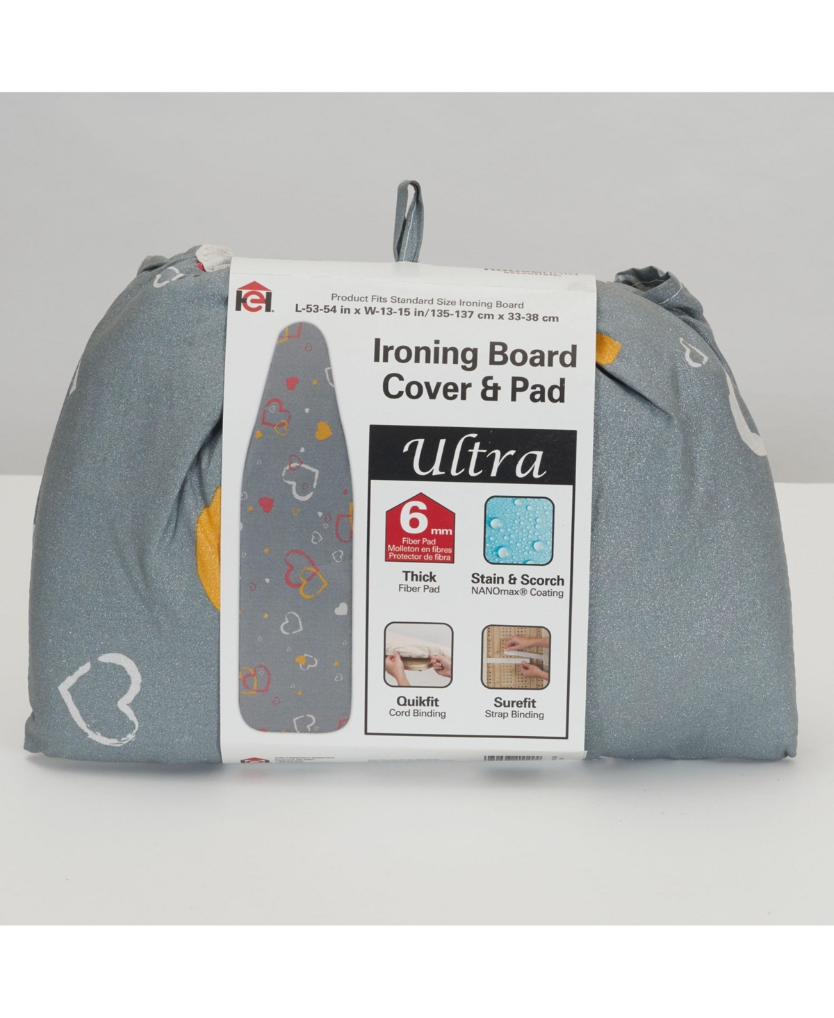 Household Essentials Ultra Ironing Board Cover and Pad, Hearts Print with Sparkle Finish