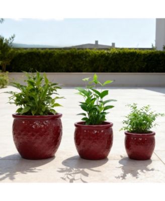 Handmade Glazed Ceramic Planter Set of 3, 15/13/9 Inch Diameter, Ring Pattern, Breathable Clay