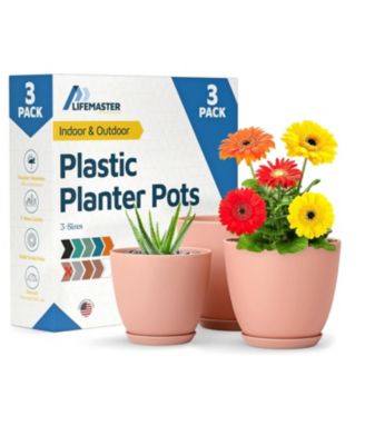 Set of 3 Stackable Plant Pots with Drainage Holes and Saucers, Durable Weatherproof Design for Indoor/Outdoor Use, Sizes 7", 6.7" and 6"
