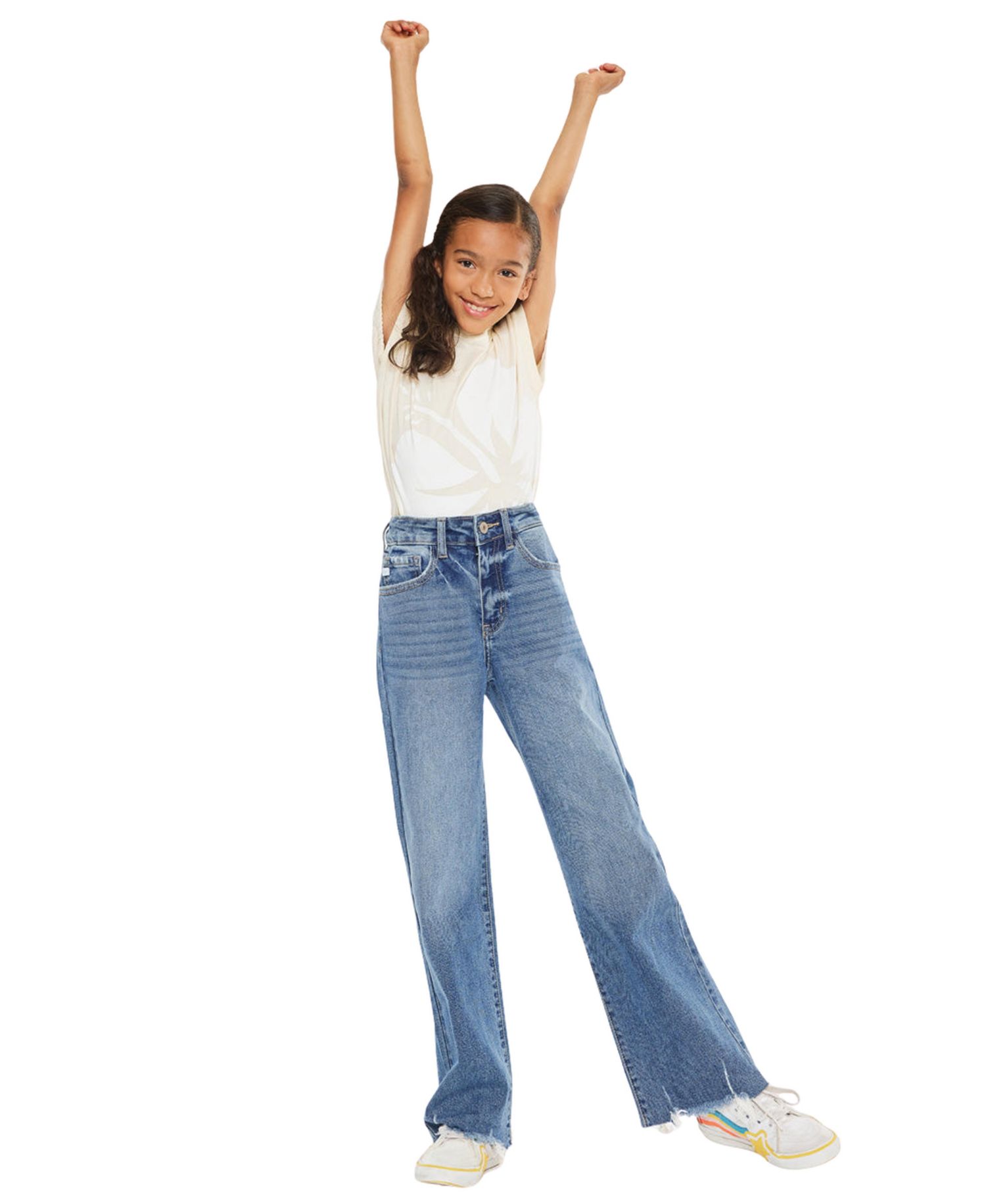 Girl's Kitty High Rise Slim Wide Leg Hem Detail Jeans