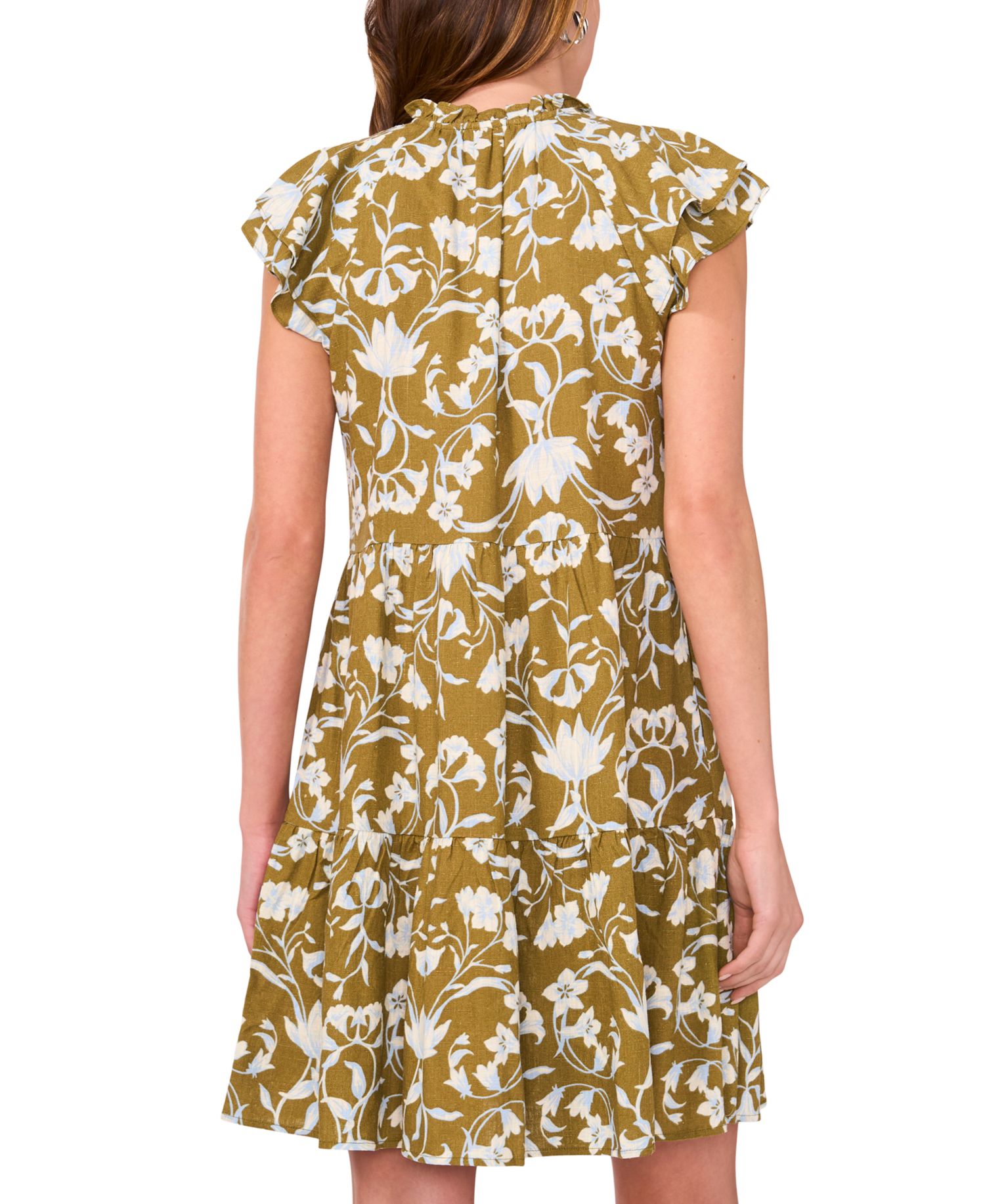 Petite Split Tie Neck Flutter-Sleeve Printed Dress