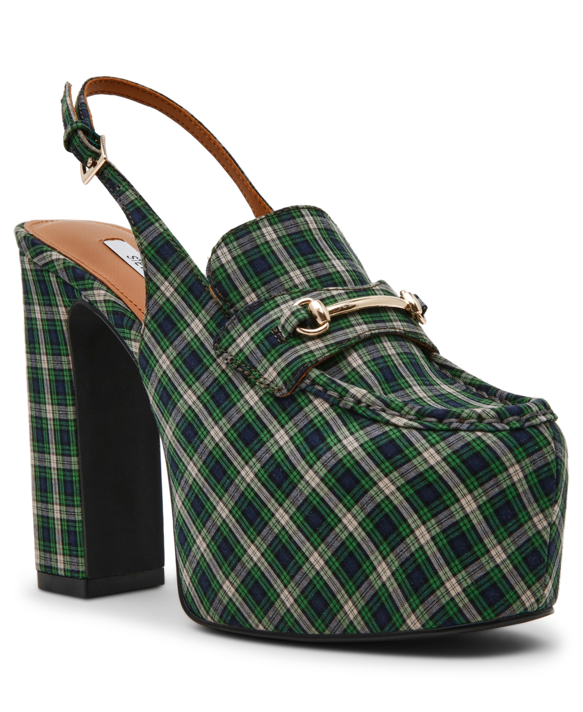 Steve Madden Women's Quinn High Platform Slingback Loafer Pumps In Green Plaid Multi