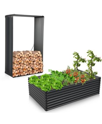 2 Pieces Galvanized Raised Garden Bed Outdoor Planter Box Firewood Rack Log Holder