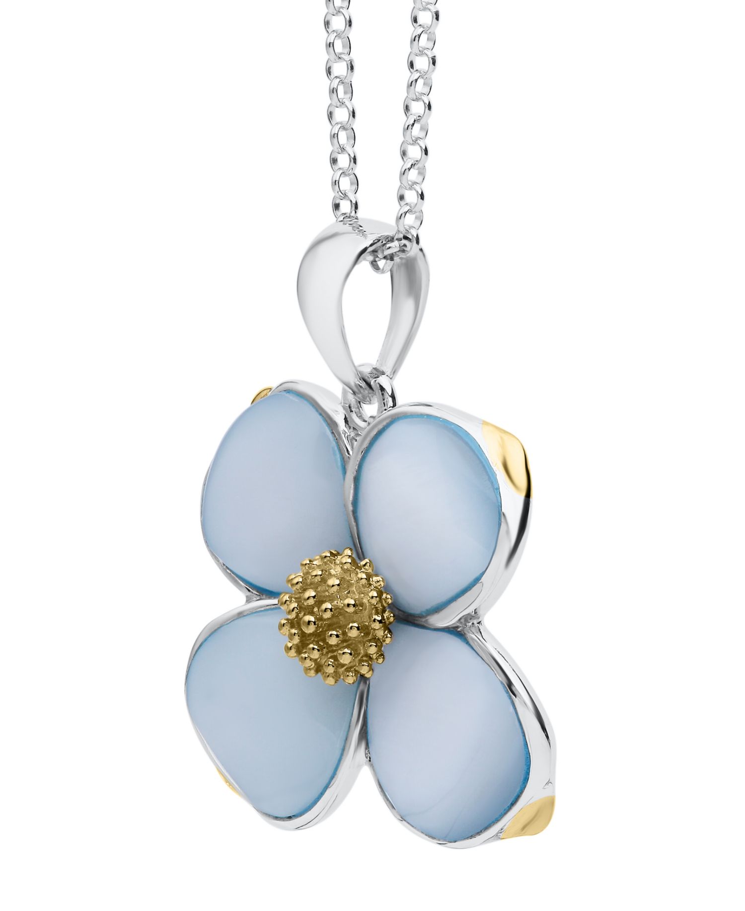 Blue Imitation Pearl Dogwood Pendant Necklace in Sterling Silver