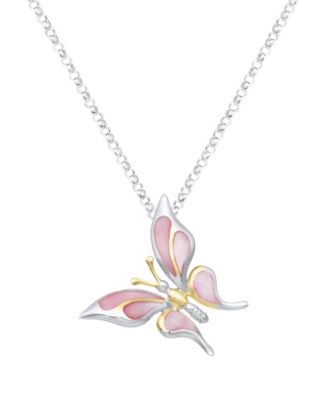 Pink Mother of Pearl Butterfly Pendant Necklace in Sterling Silver