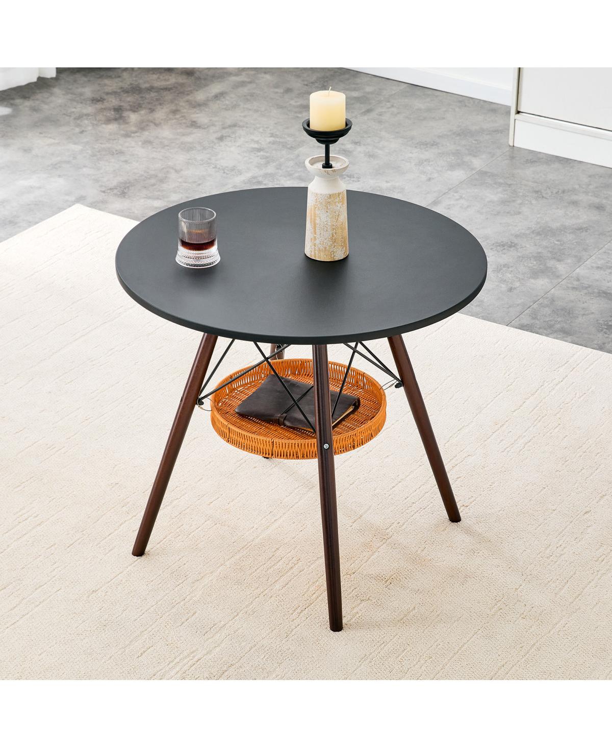 Streamdale Furniture Circular Dining Table with Walnut Legs and Woven Storage Basket