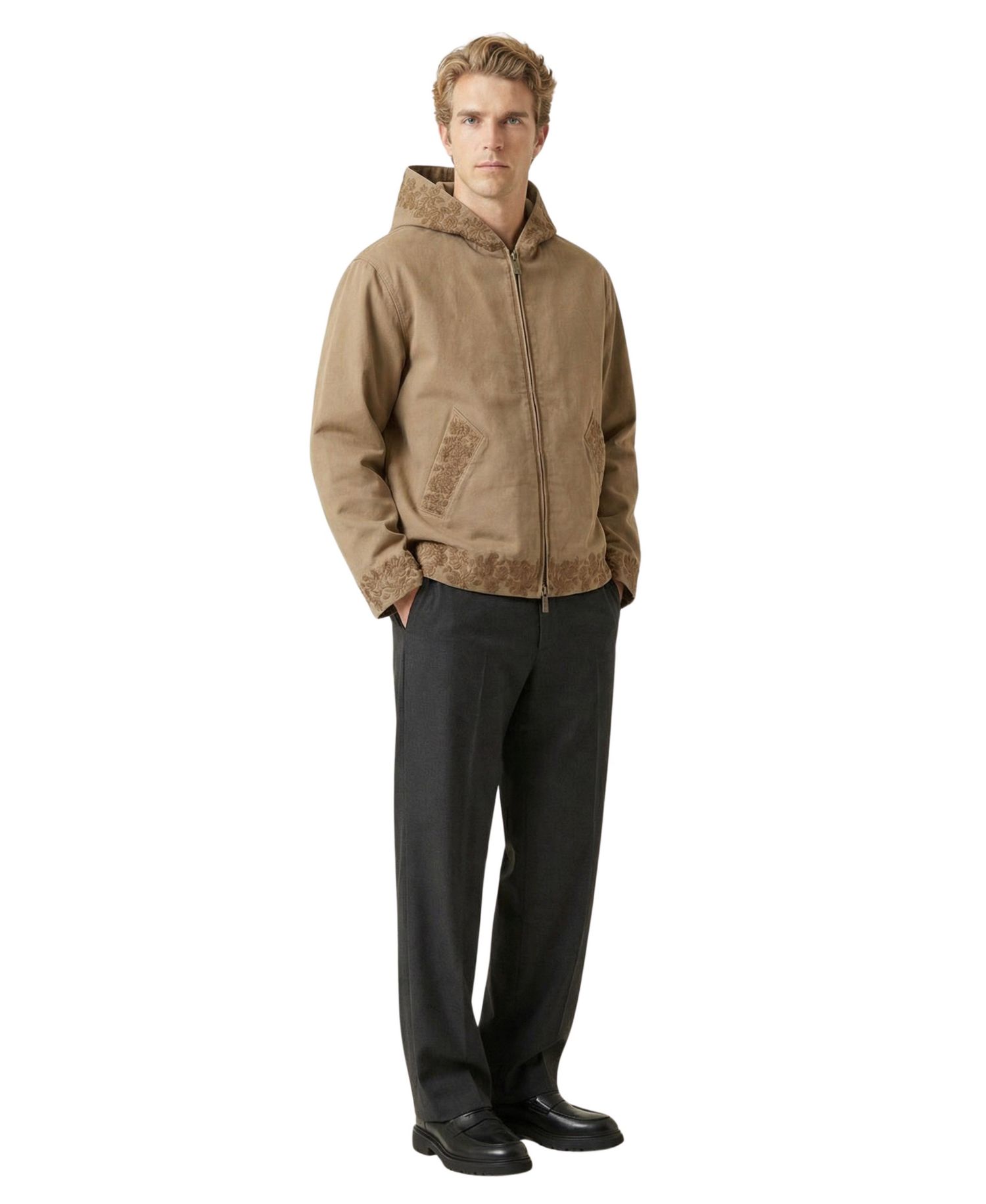 Men's Embroidered Trim Zip-Front Hooded Jacket