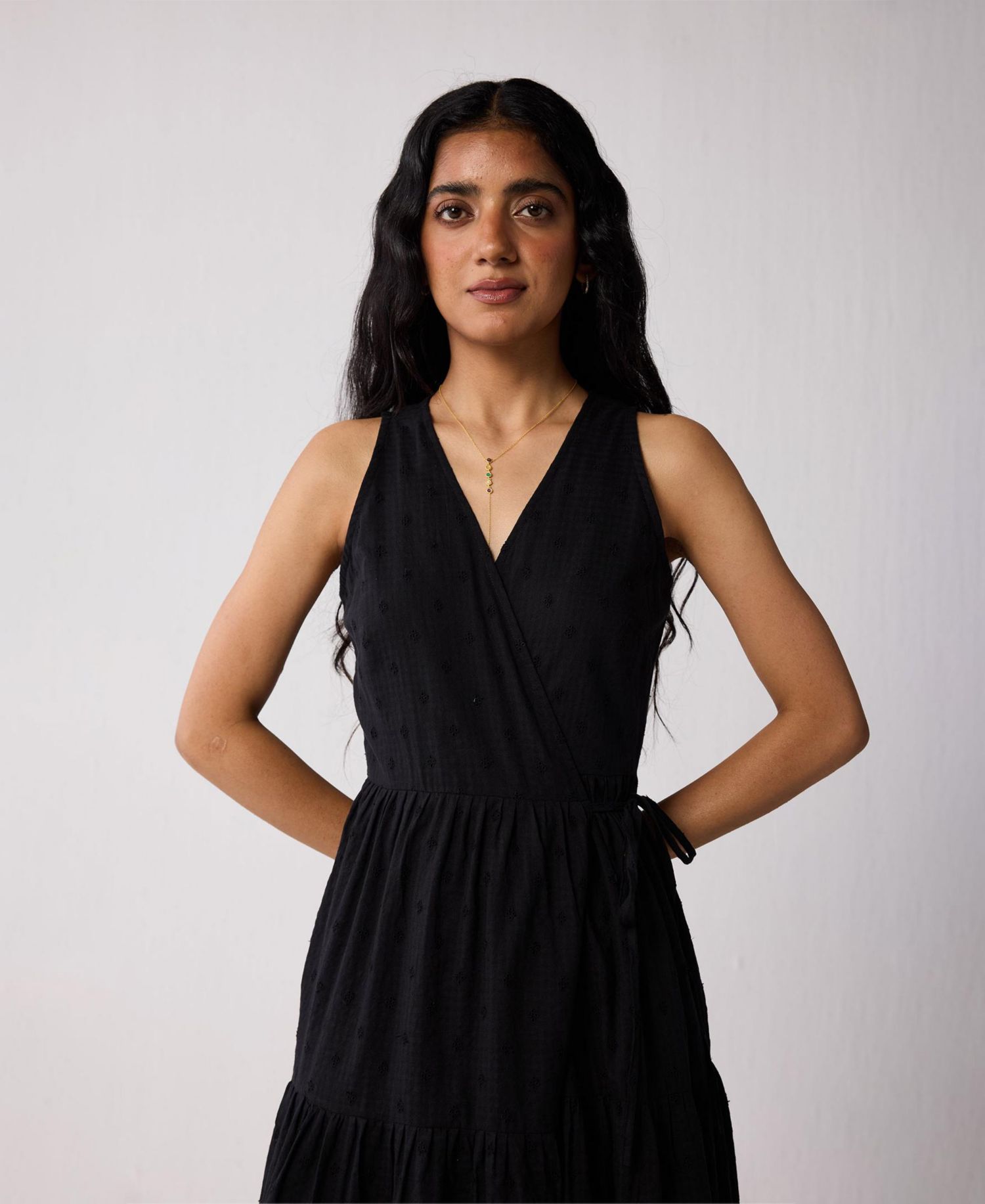 Women's Sleeveless Embroidered Wrap Dress with Tiers