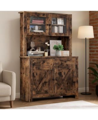 63" Tall Kitchen Pantry Cabinet with Drawers, Glass Doors, Adjustable Shelves, and Hutch