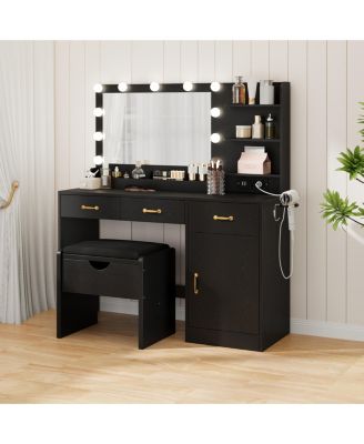 Vanity Desk with Mirror and Lights, Vanity Set with Upholstered Storage Stool, Makeup Vanity with Power Outlet and 11 LED Bulbs, Dressing Table