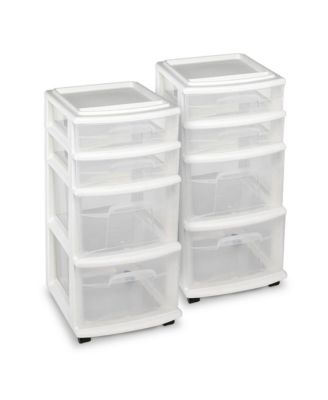Clear Plastic 4 Drawer Medium Storage Container Tower, White Frame (2 Pack)