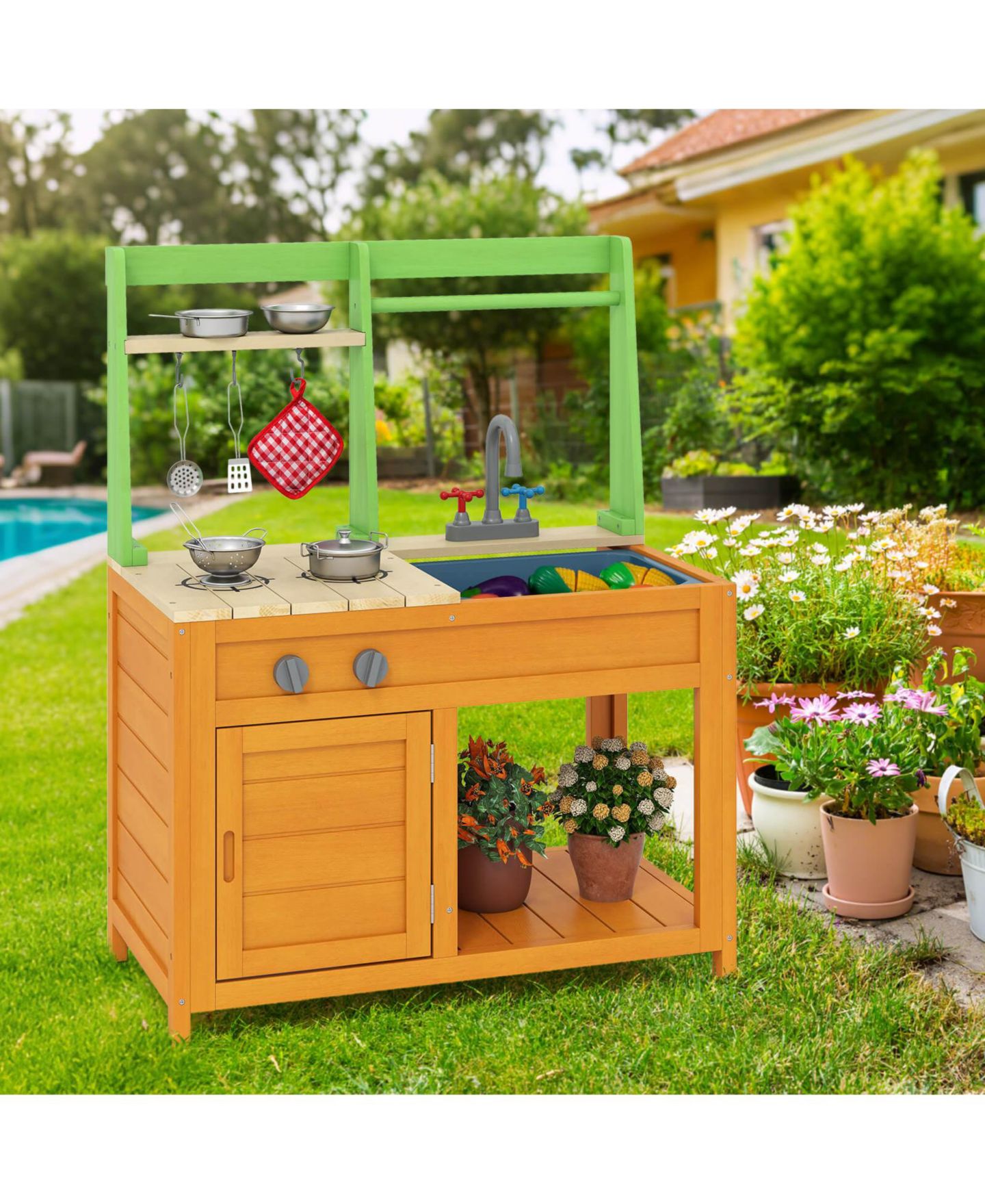 Детские игрушки Costway Wooden Mud Kitchen with Stoves, Sink and Oven, 10-Piece Set, Ages 3+, цвет: Жёлтый — фото 4