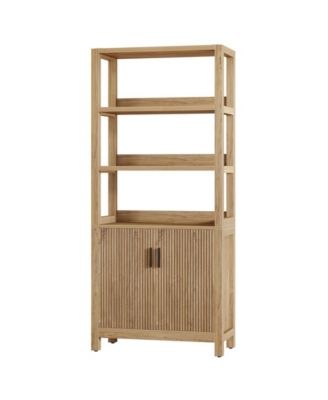 Wooden Storage Bookshelf with 3-Tier Open Shelves and Door Cabinet
