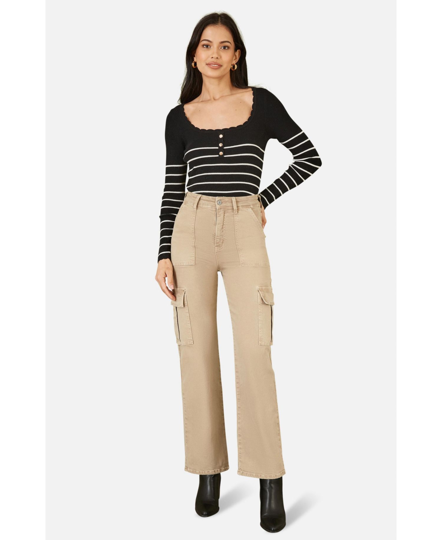 Women's Button Detail Long Sleeve Rib Knit Top