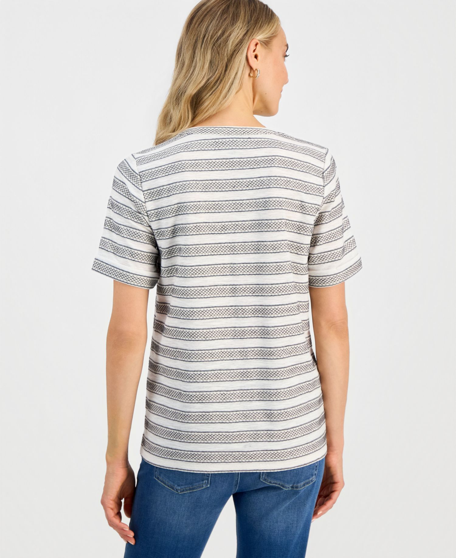 Petite Striped Split-Neck Short-Sleeve Top