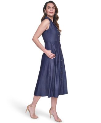 bebe denim dress Women's Fitted Dress, Size 8 in Blue Metal/Cotton/Spandex INV-350837 $140 French Connection Women Color:Moss Olive ($118.66) pocket swagger