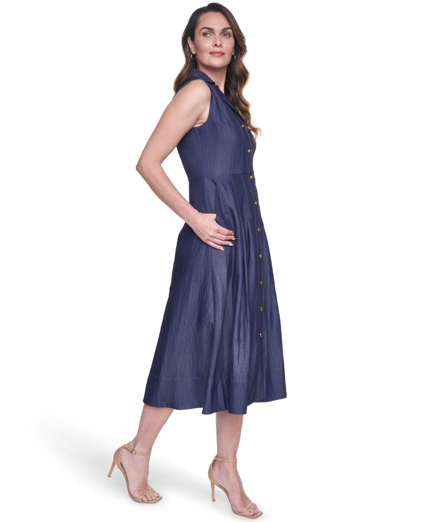 Women's Denim Sleeveless Midi Shirt-Dress