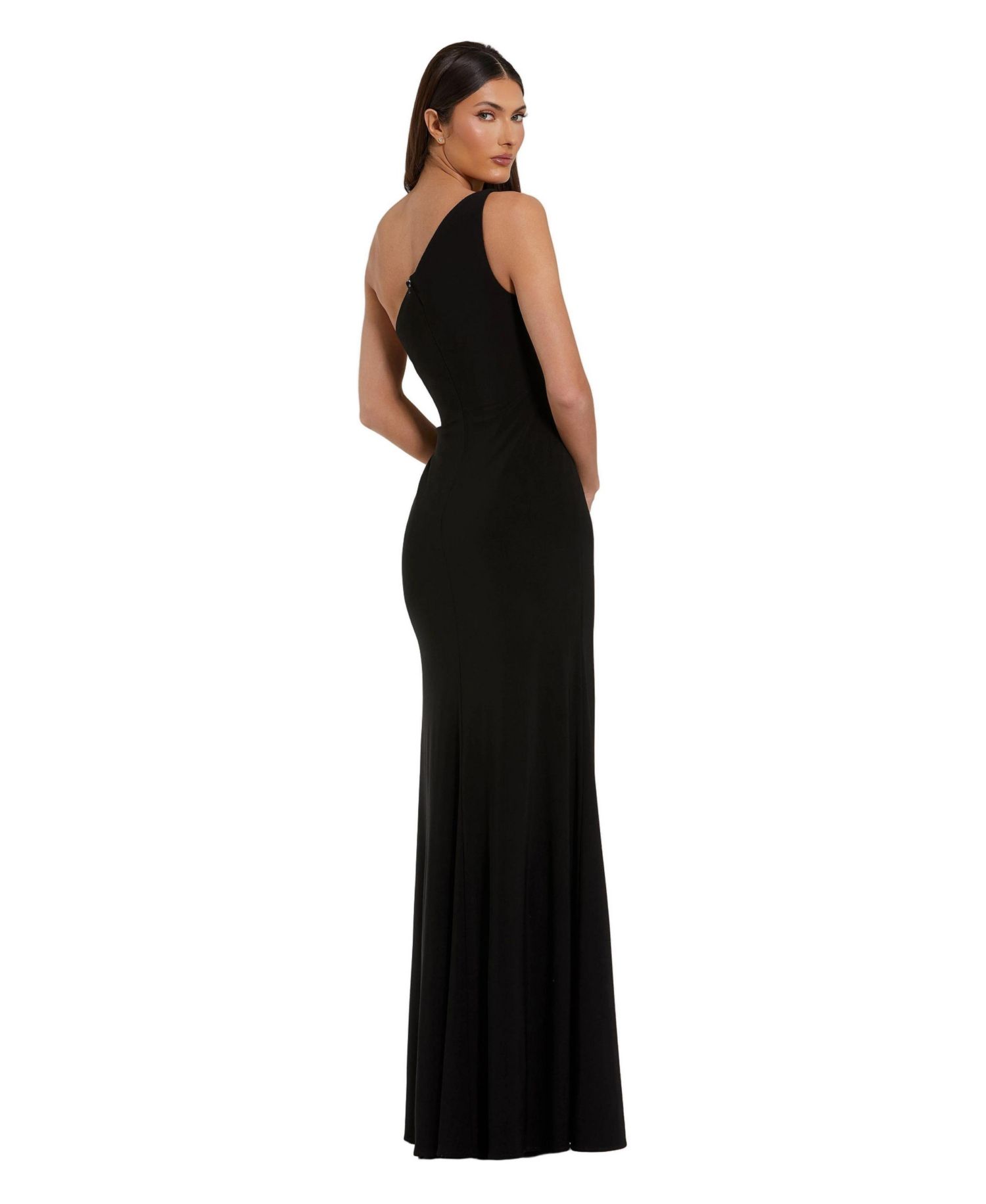 Women's One Shoulder Jersey Gown with Rhinestone Floral Applique