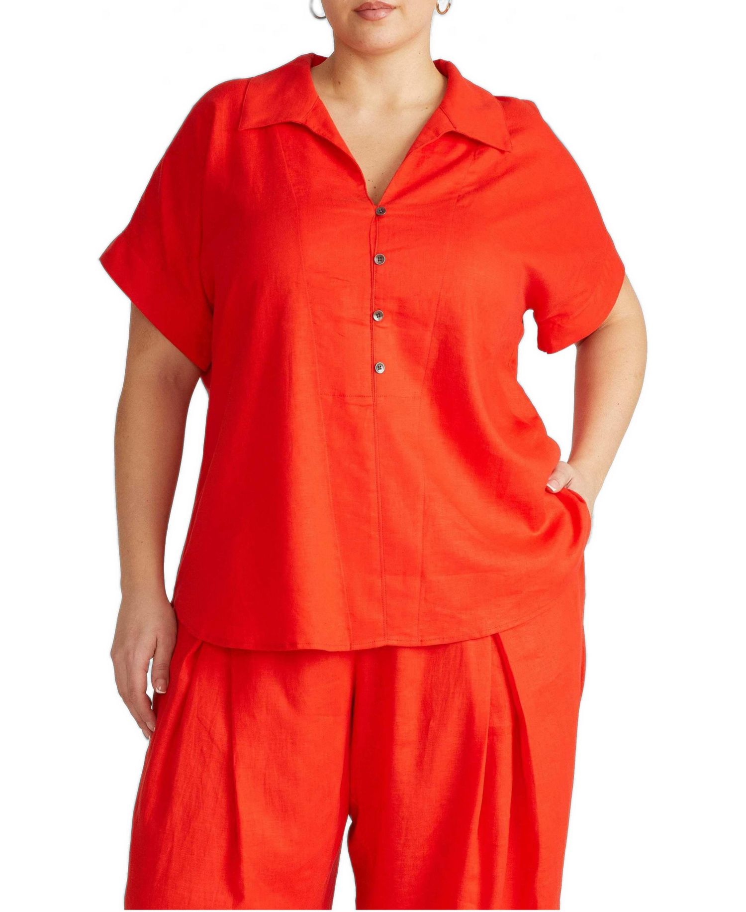 Plus Size Sandy Short Sleeve Stretch Linen Shirt