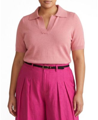 Women's Plus Size Savvy Fine Knit Short Sleeve Polo Sweater