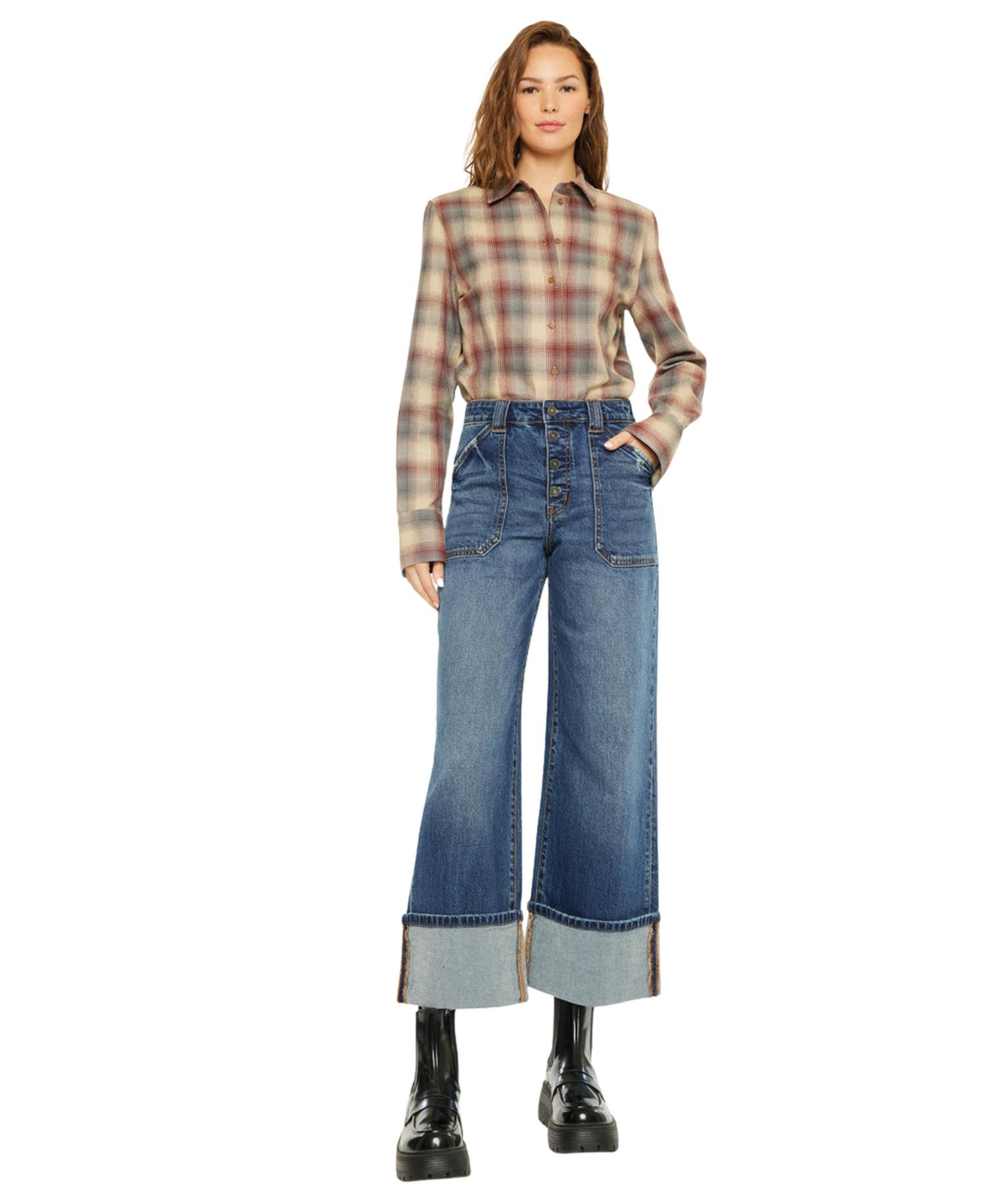 Women's High Rise Cuffed Wide Leg Jeans