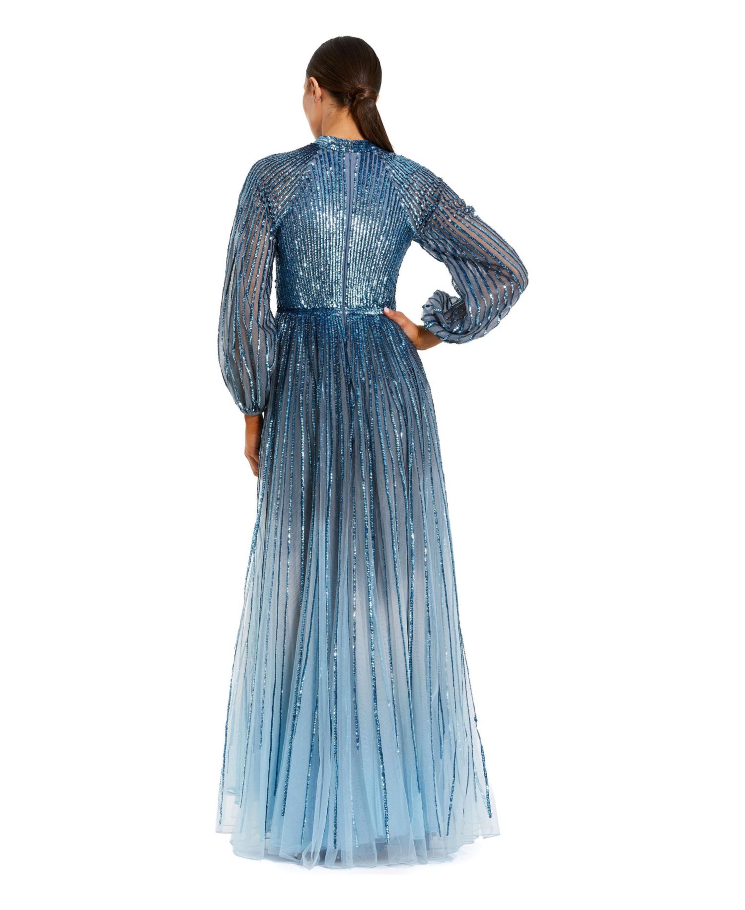 Women's Ombre Beaded Bishop Sleeve A-Line Gown