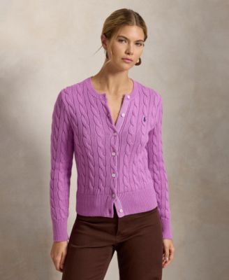 Women's Cable-Knit Cotton Crewneck Cardigan Sweater