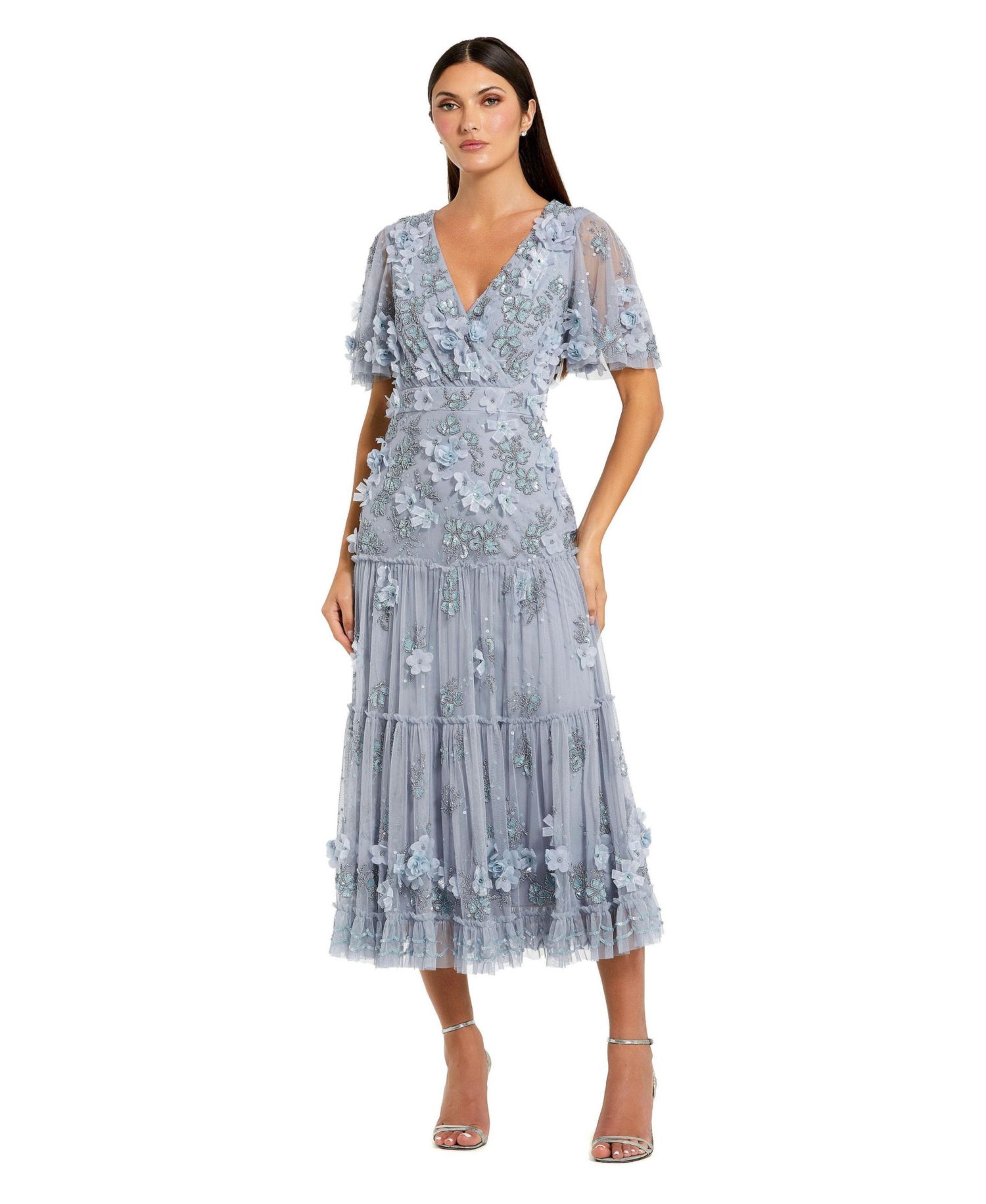 Women's Floral Applique Embellished Flutter Sleeve Midi Dress