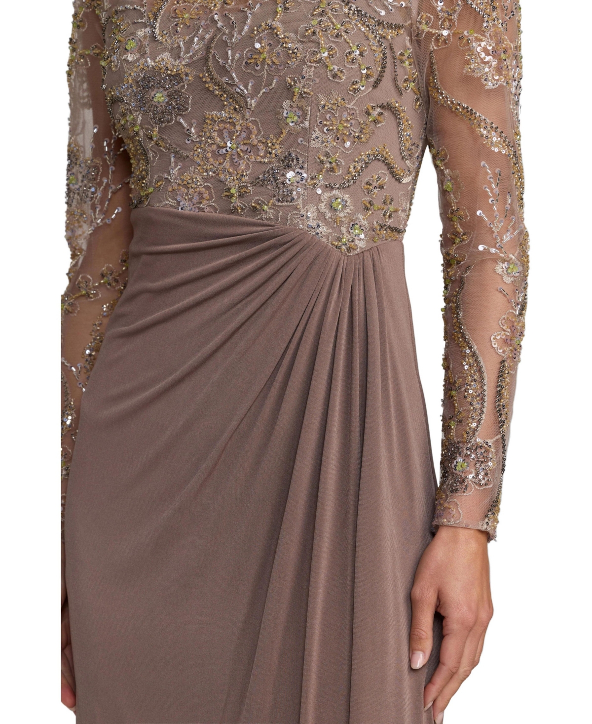 Mac Duggal Petite Embroidered Long Sleeve Jersey Evening Gown