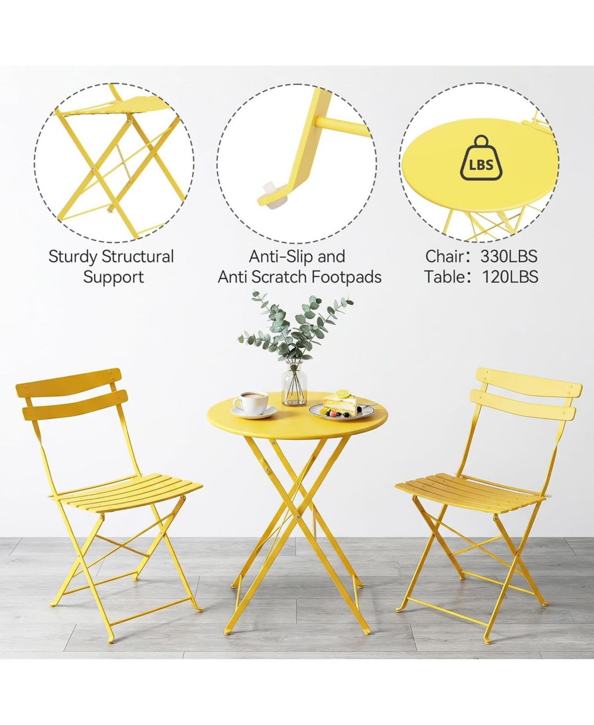 gaomon Folding Patio Bistro Set, Metal Table and Chairs, Outdoor Indoor Space Saving Bistro Furniture for Balcony, Garden