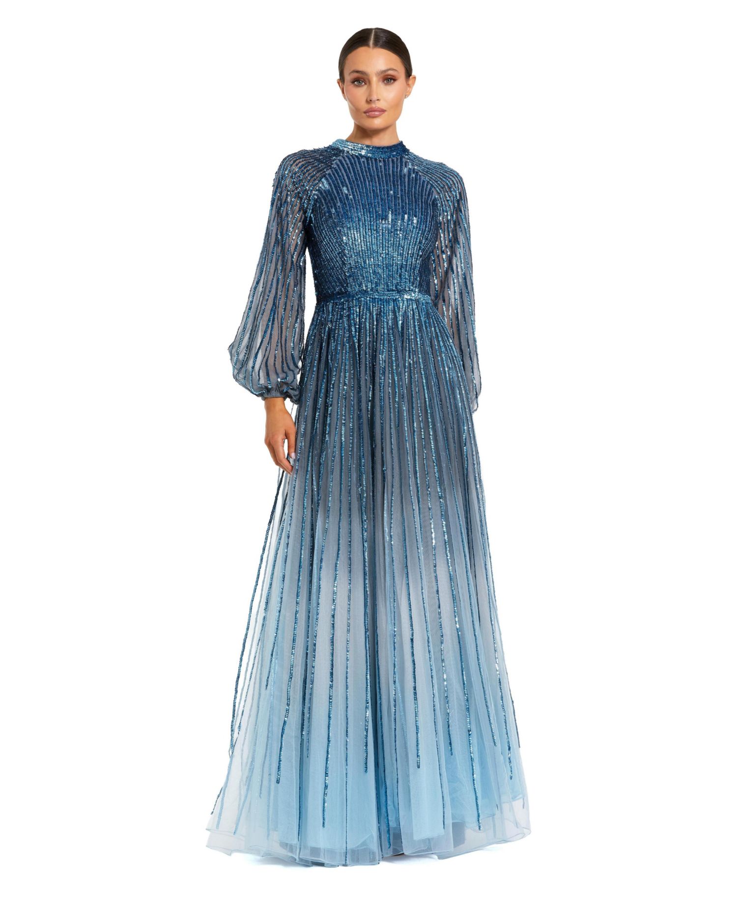 Petite Ombre Beaded Bishop Sleeve A-Line Gown